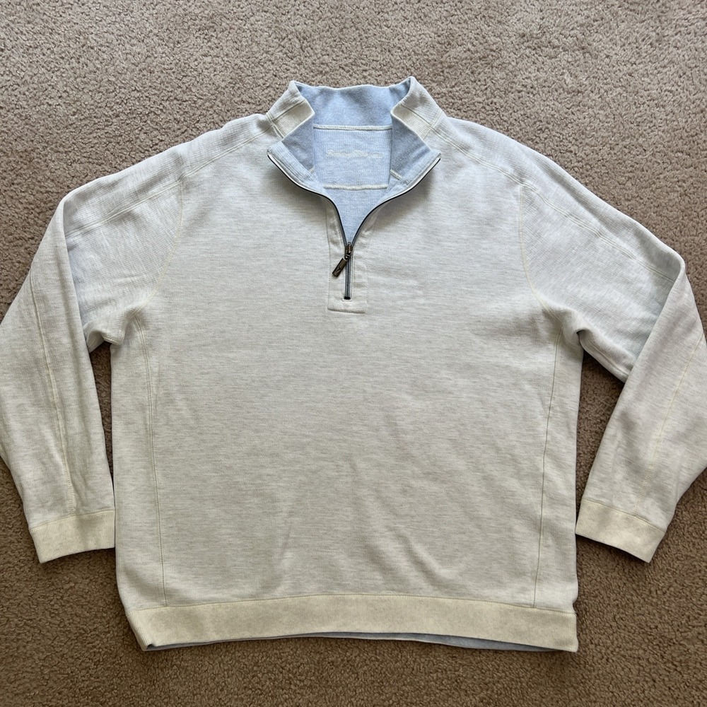 TOMMY BAHAMA Men XXL Reversible Sweater Light Gray / Light Blue 1/4 Zip Cotton